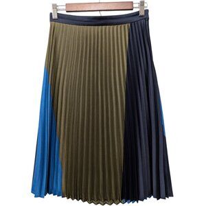 Ann Taylor Petite Womens Size 0P Blue Olive Black Colorblock Pleated Skirt